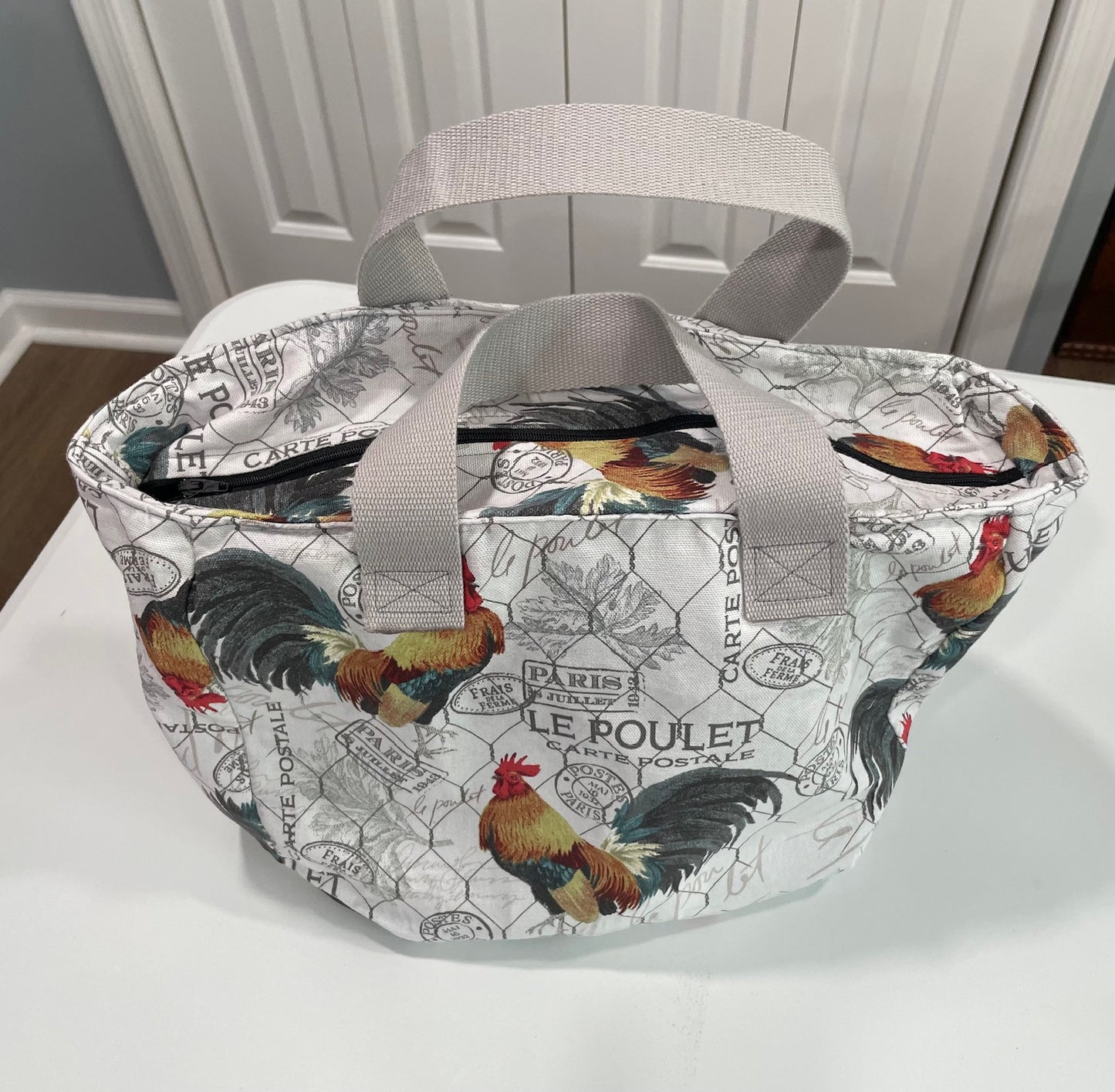 French-themed print tote bag with zipper
